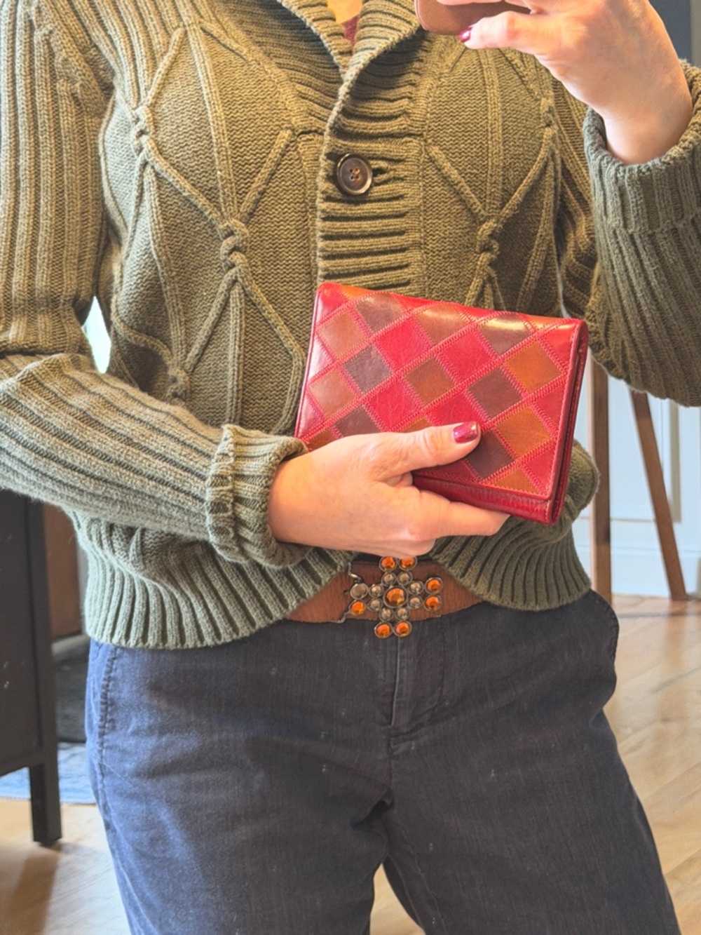 Firenze Vintage Y2K Patchwork Leather Wallet: Red Multi Color Quilted Argyle GUC - Picture 3 of 12